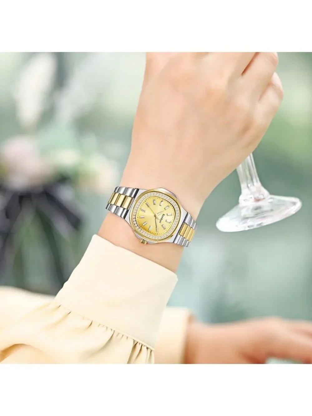 Women's Silver Gold Crystal Accented Solid Stainless Steel Band Wrist Watch